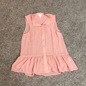 Sz 0 Sheer Pink H&M Button Up Top Blouse Tank Top Womens Ruffled Shirt Cute